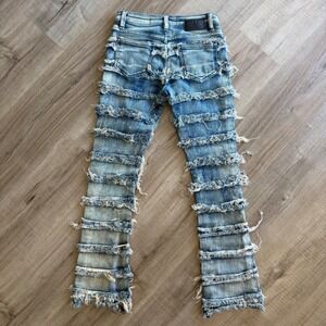Stylo Jeans Mens Distressed Frayed Tiered Denim Blue Light Wash Tapered Size 10
